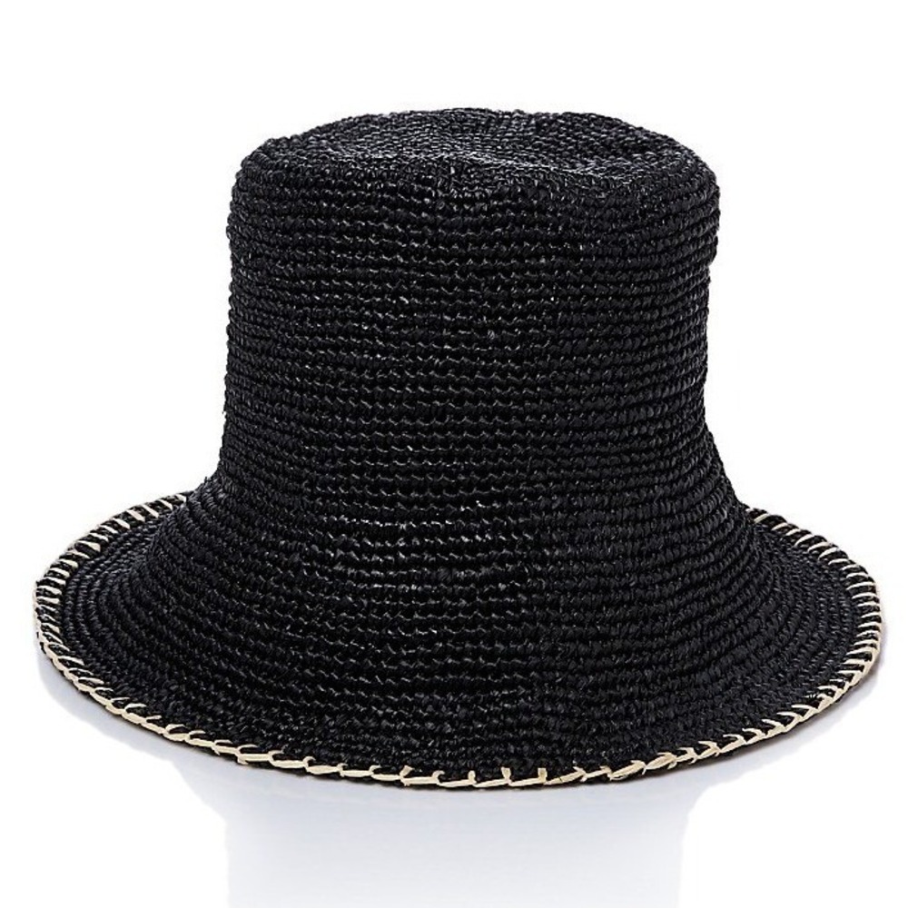 Rag & Bone Women Bucket Hat S/M Black Jade Whipstitch Rollable Raffia Summer NWT
